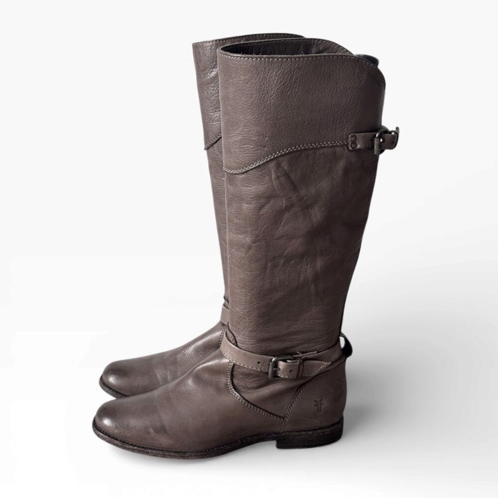 Frye Phillip Women's Size 9.5 B Riding Boots Tall Leather Gray Buckles Side Zip - Picture 8 of 13